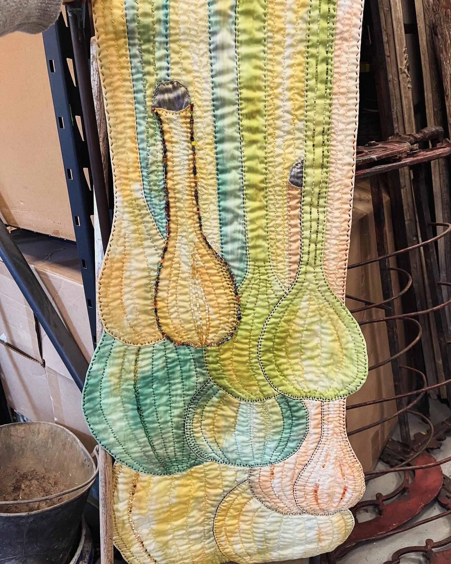 Sue Cavanaugh, Wine Bottles, 32", quilting/stitched, $250