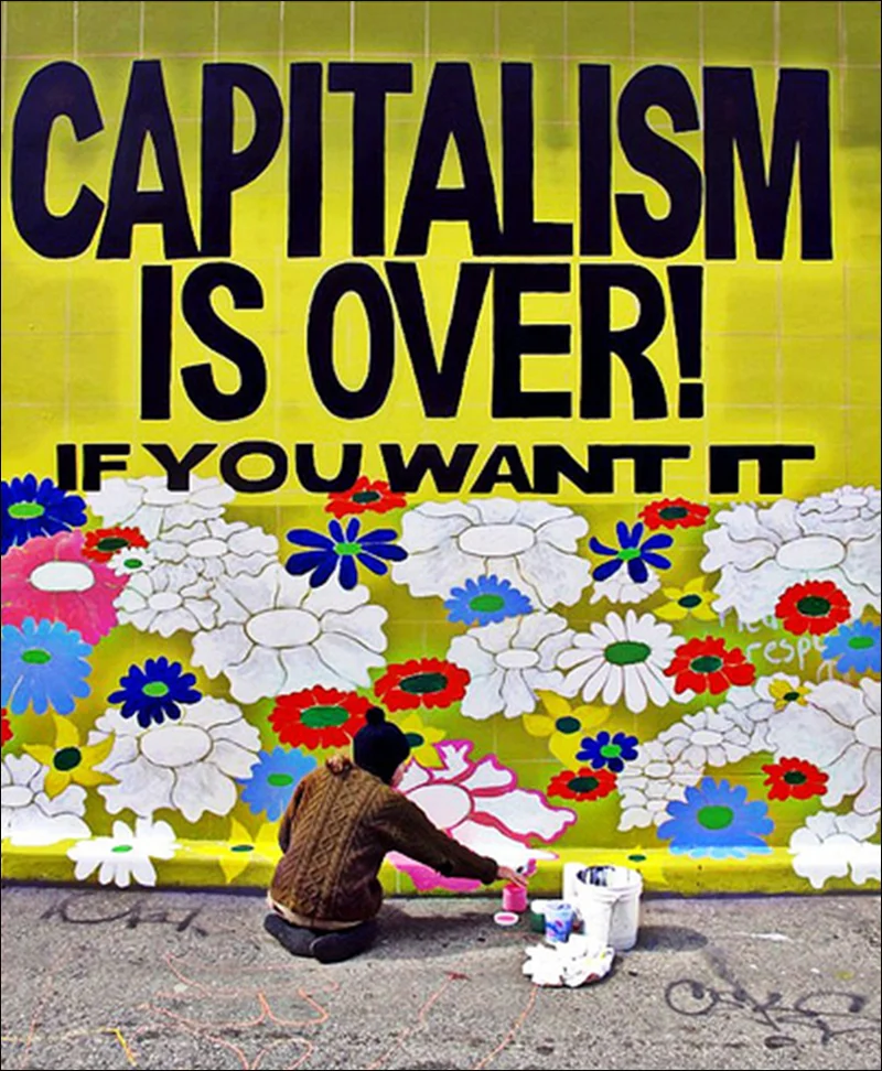 Wilson painting CAPITALISM IS OVER! If You Want It, mural, Clarion Alley Mural Project, San Francisco, 2011, photo by Steve Rhodes