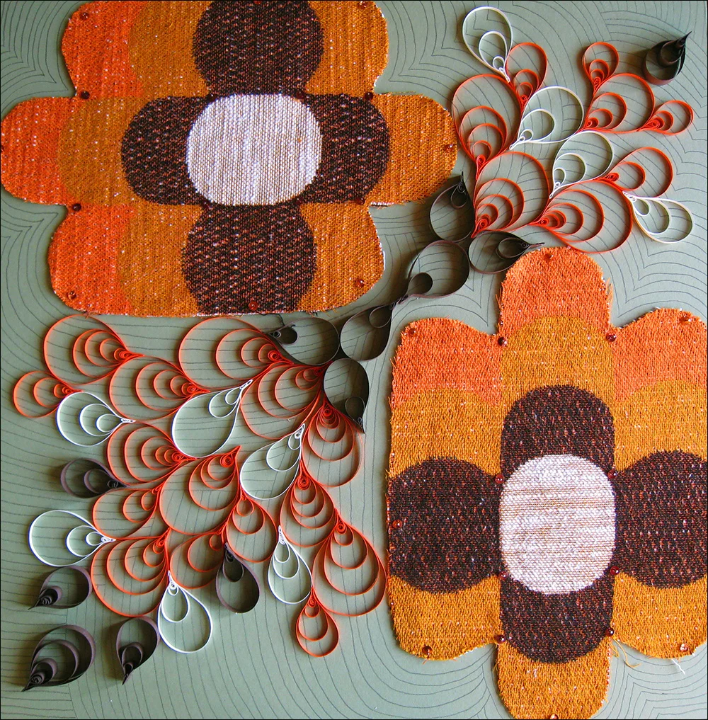 Megan Wilson, Home Sampler 1 , mat board, textiles, paper, sequins, pins, graphite, 2008