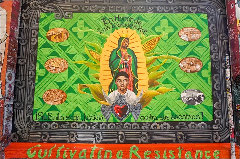 “Justice for Luis D. Gongora Pat”, Marina Perez-Wong and Elaine Chu (Twin Walls Murals), Clarion Alley, 2018