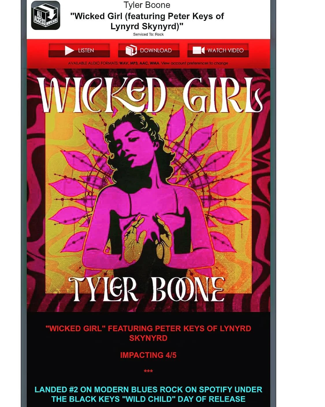 Tyler Boone's "Wicked Girl" featuring Peter Keys of Lynyrd Skynyrd goes to ROCK RADIO!