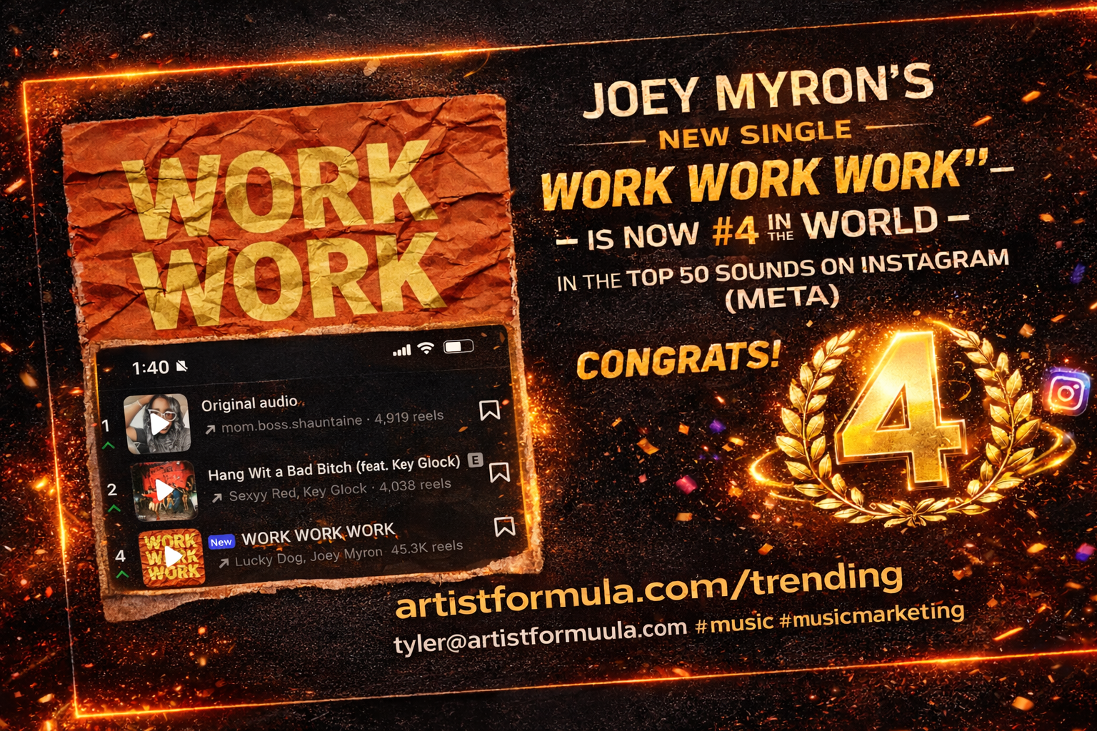 Joey Myron is #4 in the World on Instagram Top 50 Sounds with "Work Work Work" 