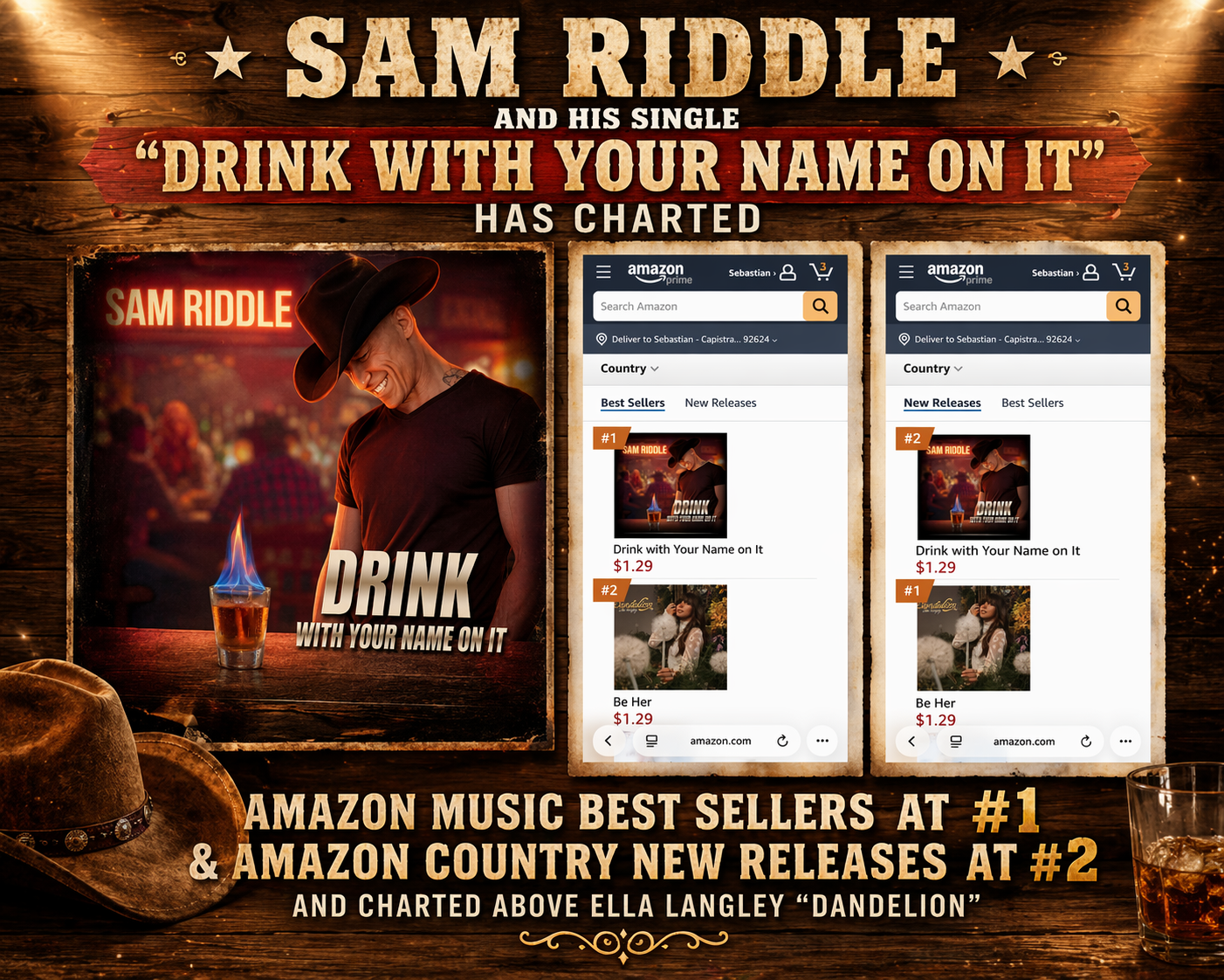 Sam Riddle Charts #1 on Amazon Counrty Music! "Drink With Your Name On It"
