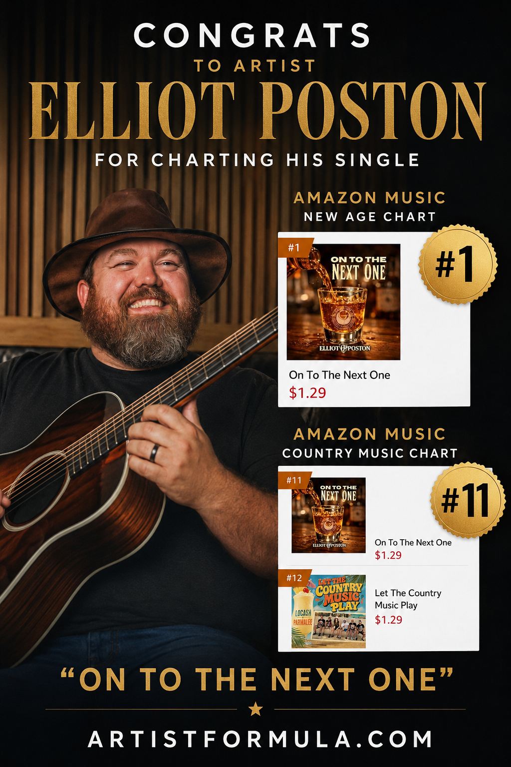 Congrats to artist Elliot Poston for charting #1 in new Age &amp; #11 in Country Amazon Official Charts!