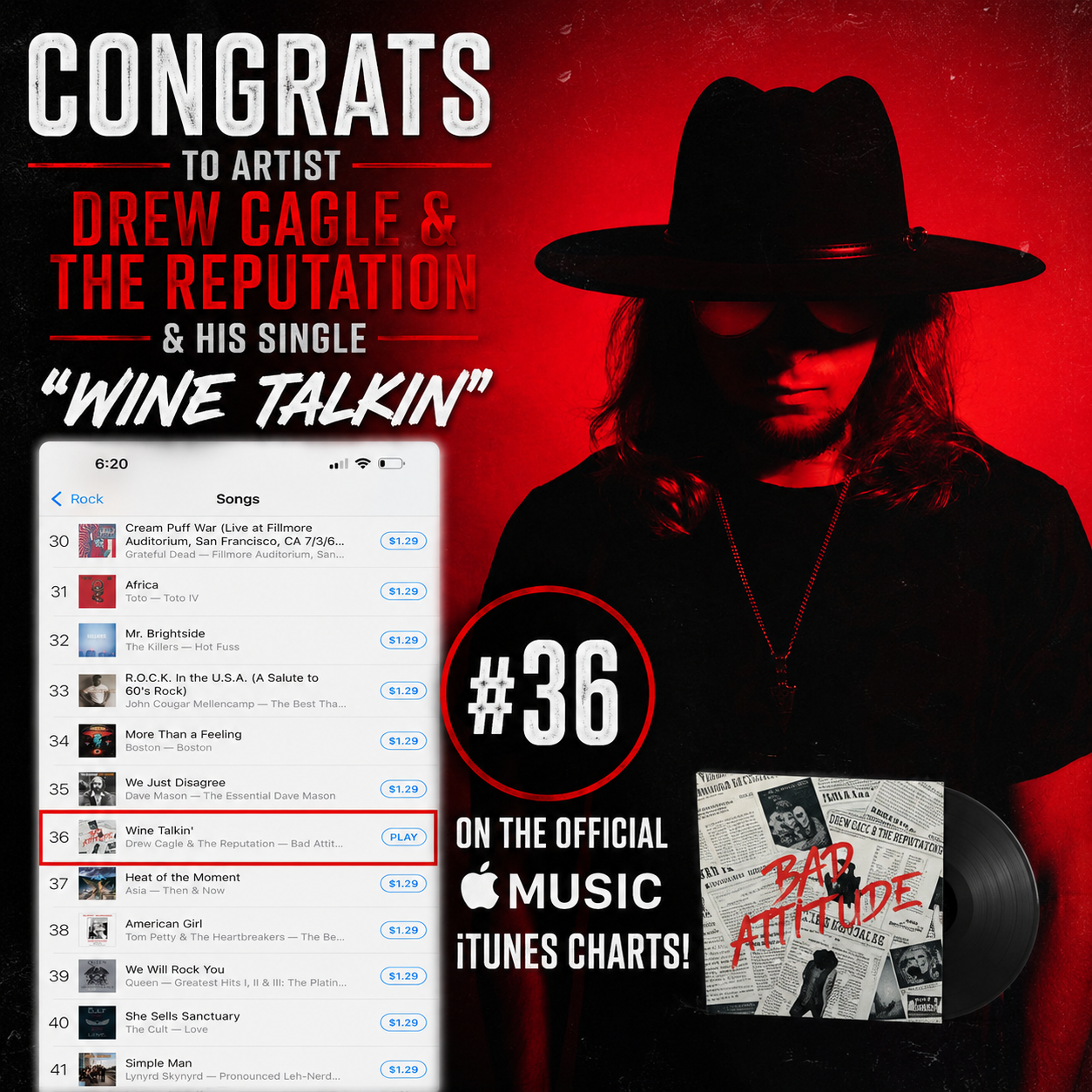 Drew Cagle &amp; the Reputation charting number 36 in the official Apple Music iTunes Rock Charts!