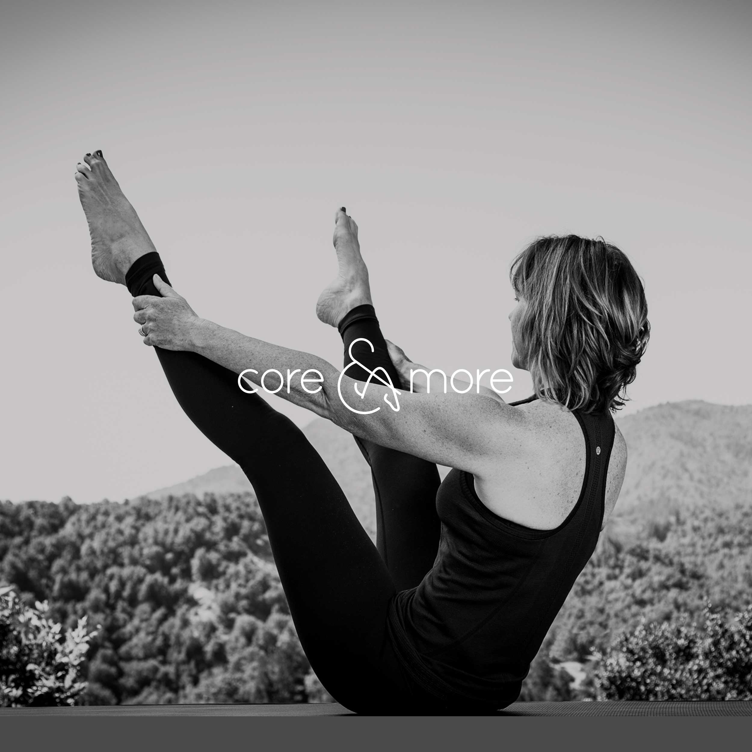 Pam Howard, Pilates instructor, in a classic open leg rocker pose for the Core and More creative brand. (Copy)