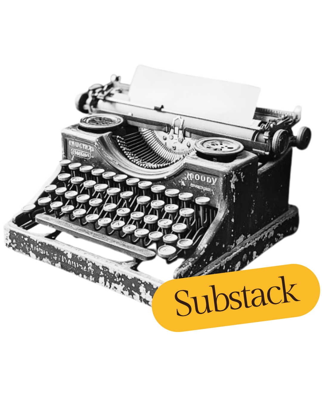 Máquina de escribir antigua de color negro con teclas redondas y papel en la parte superior, con el logo de Substack en la esquina inferior derecha.