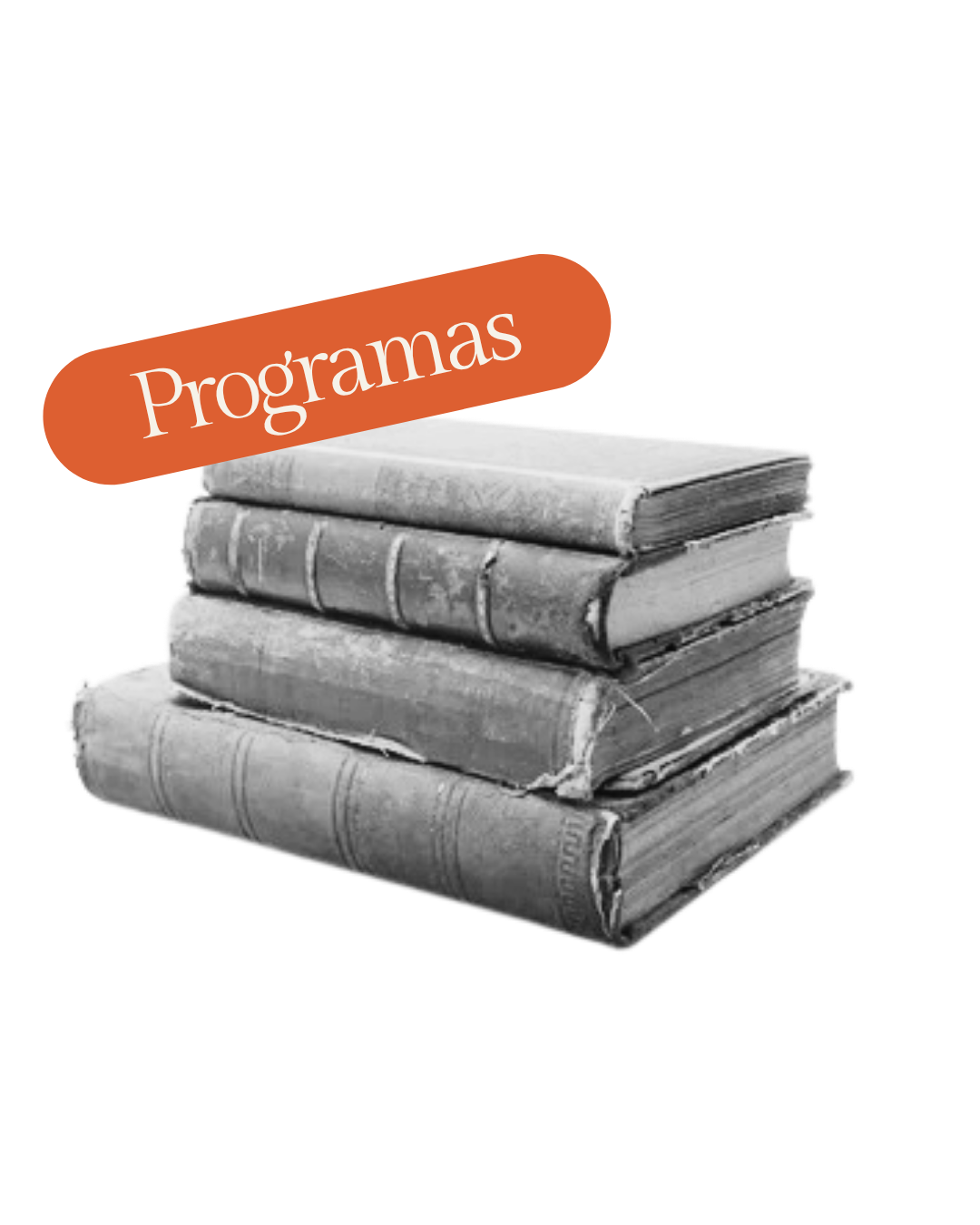 Una pila de libros antiguos y un cartel con la palabra 'Programas' en letras blancas sobre fondo anaranjado.