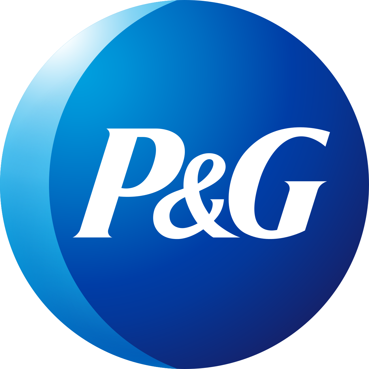 Logotipo de P&G con fondo azul y azul claro en forma de medio círculo.
