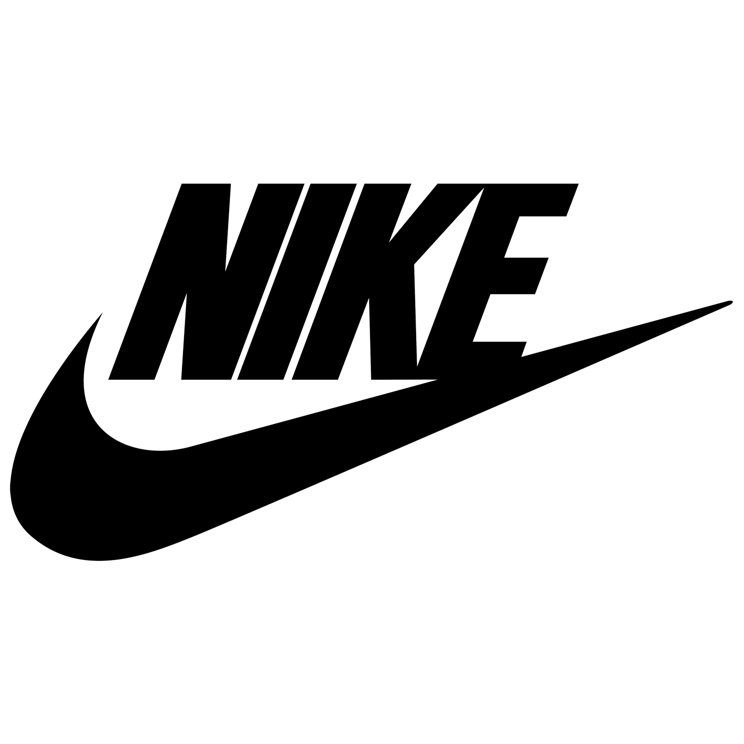 Logo en línea de texto que dice 'NIKE' con el símbolo de la marca en forma de curva debajo, en diseño de líneas blancas en fondo negro.