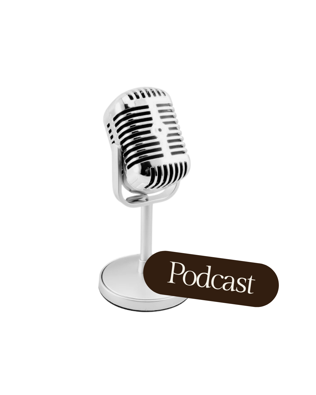Micrófono vintage en un soporte con la palabra 'Podcast' en un recuadro marrón.