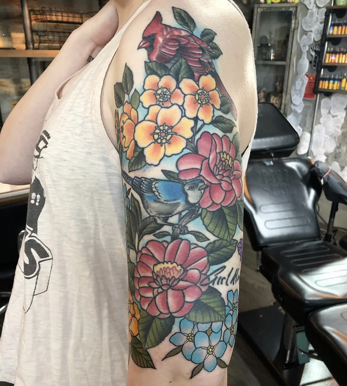 Bird and flower half sleeve