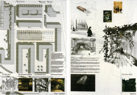 Figure 7. Planergemeinschaft MFO-Park (Burckhardt+Partner Architekten, Zurich, Raderschall Landschaftsarchitekten, Meilen), Park-Haus, concours MFO-Park, mars 1998 (rendu du premier tour) et août 1998