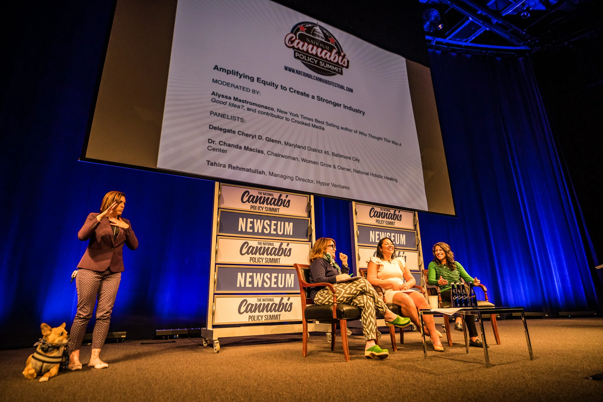 Alyssa Mastromonaco moderates a conversation featuring Dr. Chanda Macias (center) and Tahira Rehmatullah (Right) at the National Cannabis Policy Summit at The Newseum on April 20, 2018.