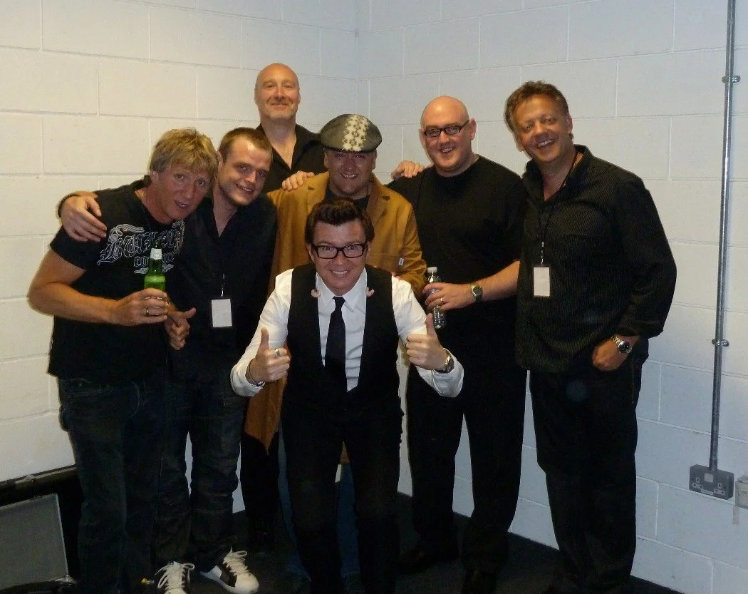 Rick Astley band before going onstage at the O2 arena, London UK.