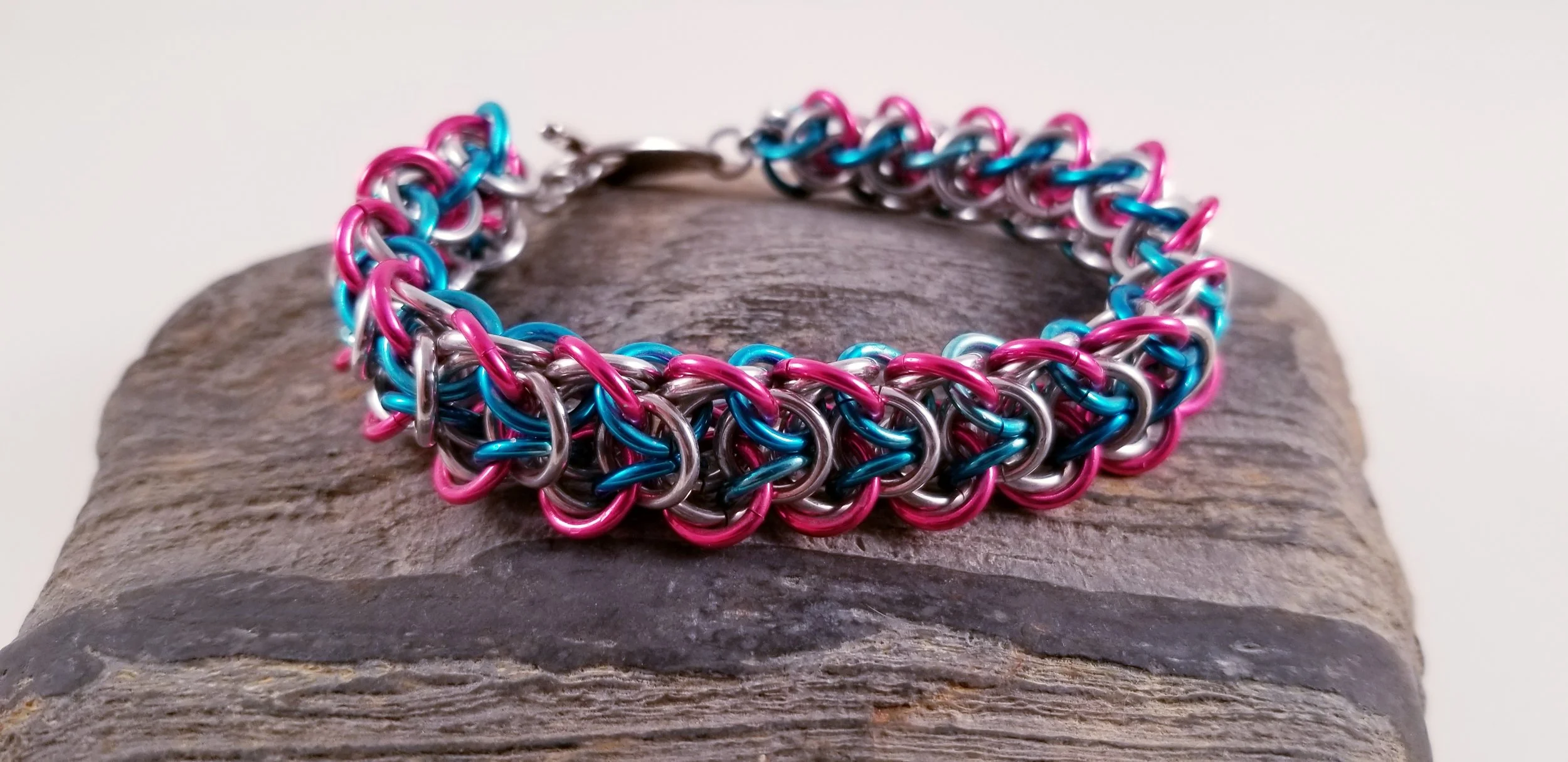 Bracelet- Elfweave Braid Pink, Silver and Blue