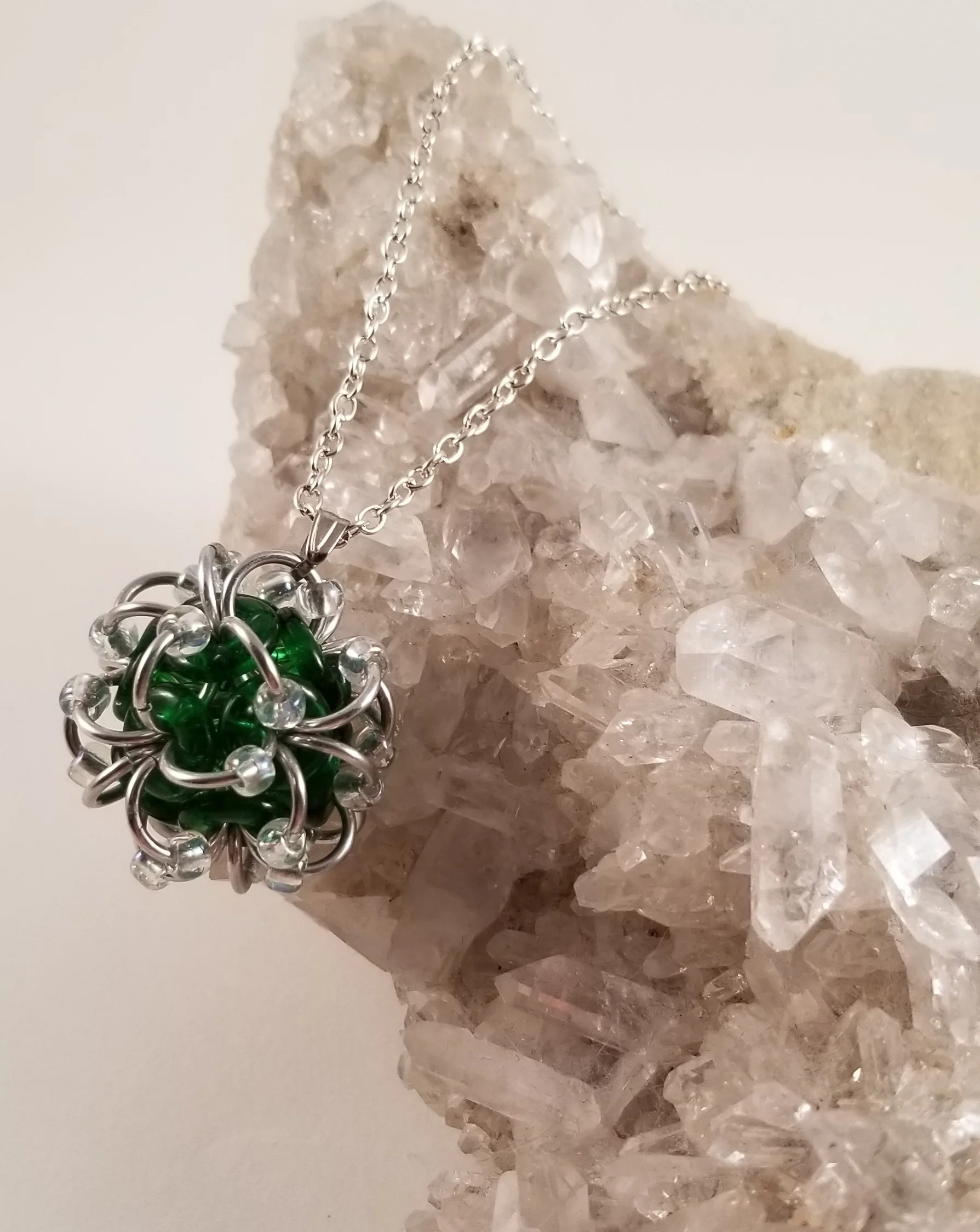 Pendant- Dodecahedron Green Glass and Beads