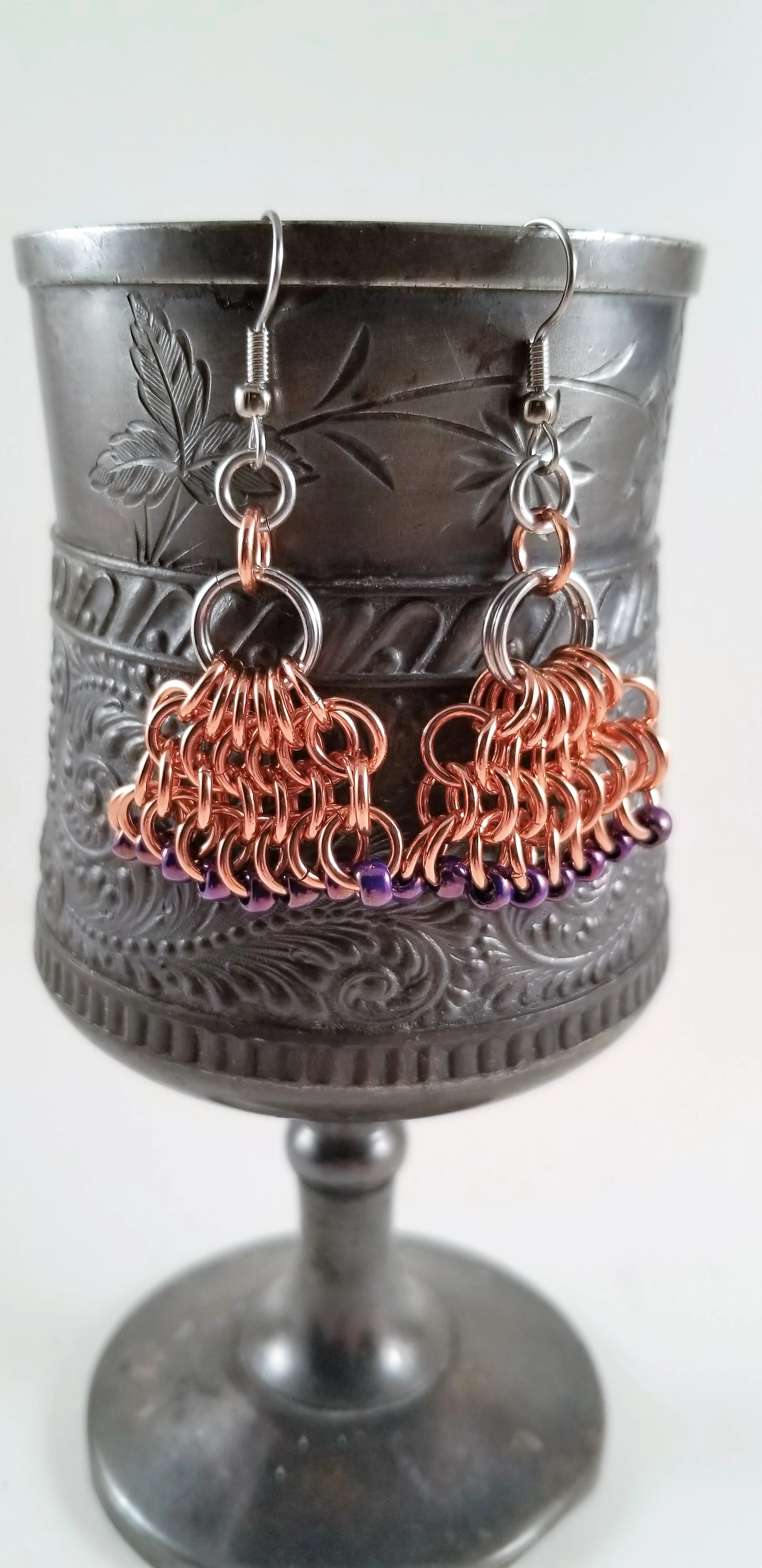 Earrings- Beaded Fan Copper and Purple