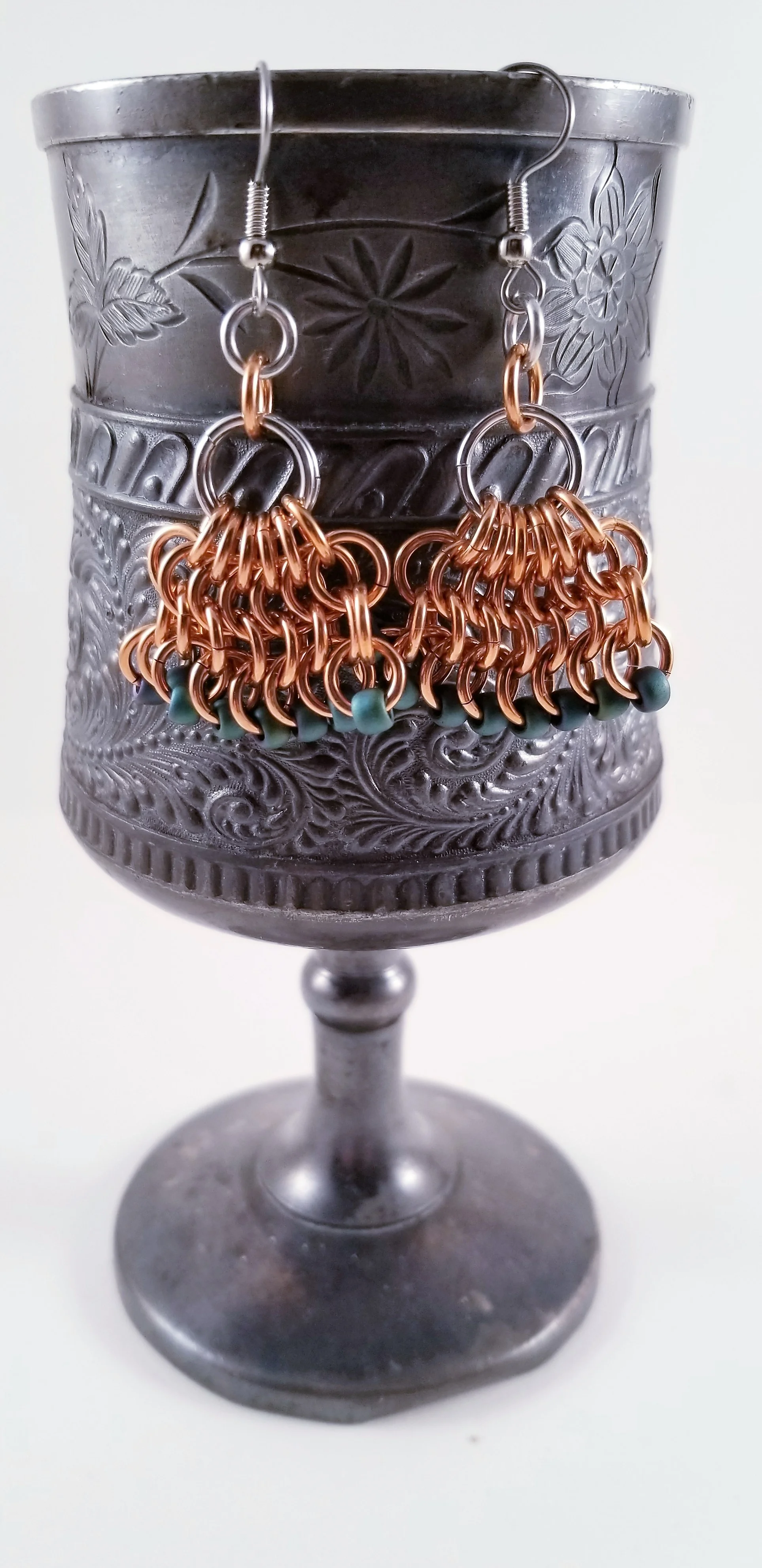 Earrings- Beaded Fan Copper and Matte Teal