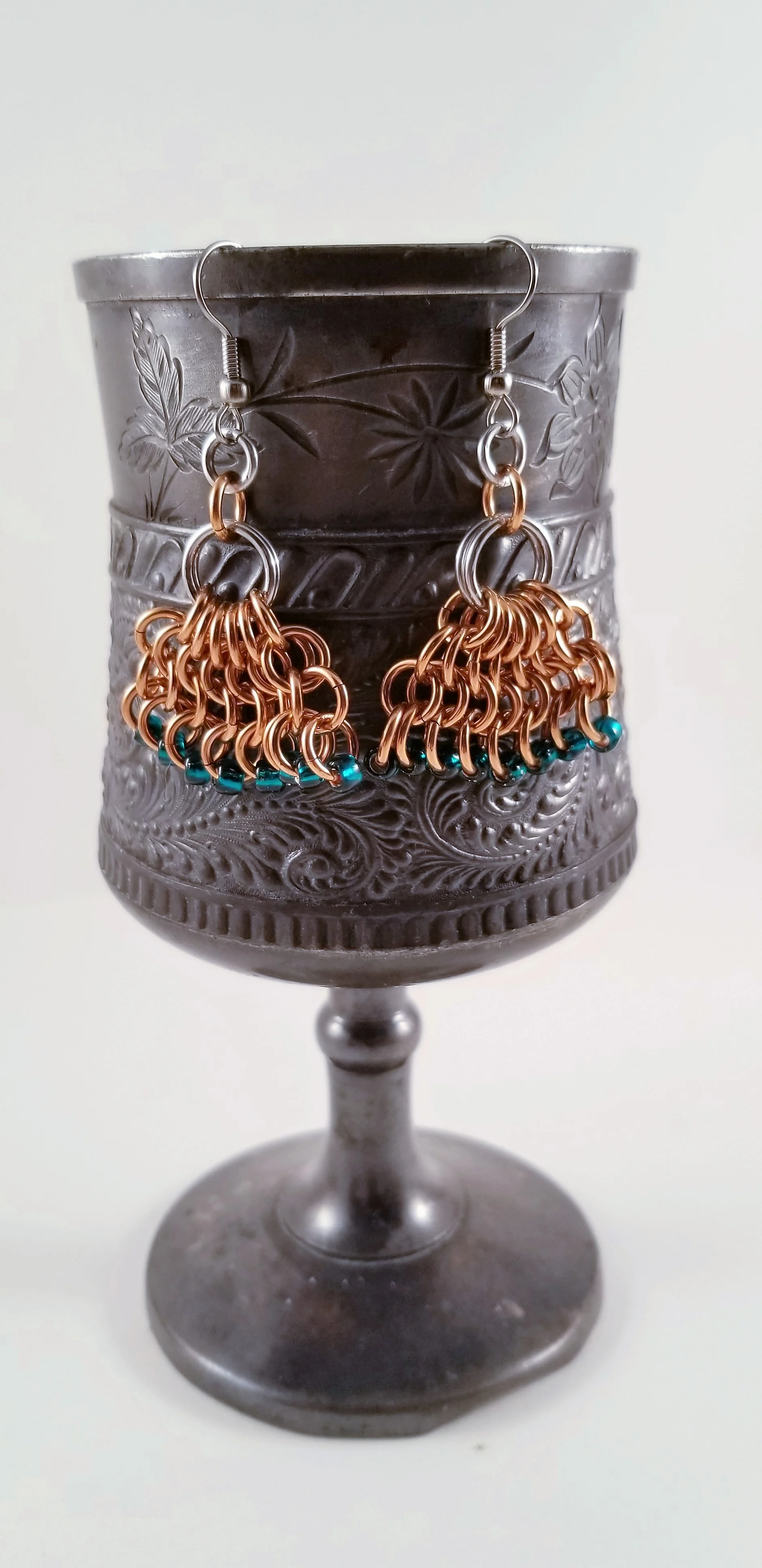 Earrings- Beaded Fan Bronze and Teal