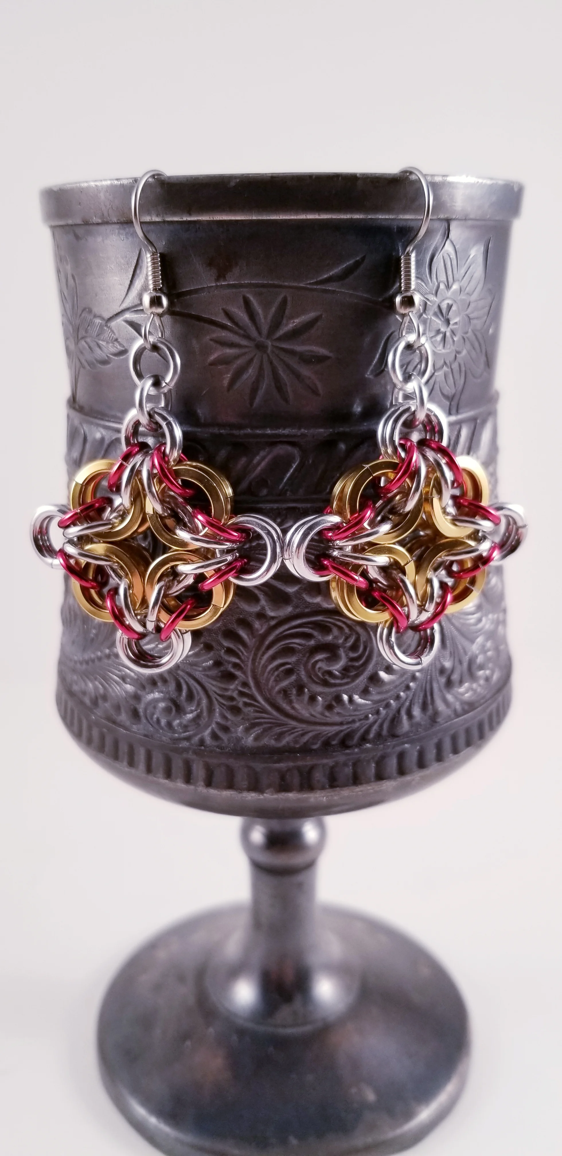 Earrings- Celtic Labyrinth Silver Gold and Red