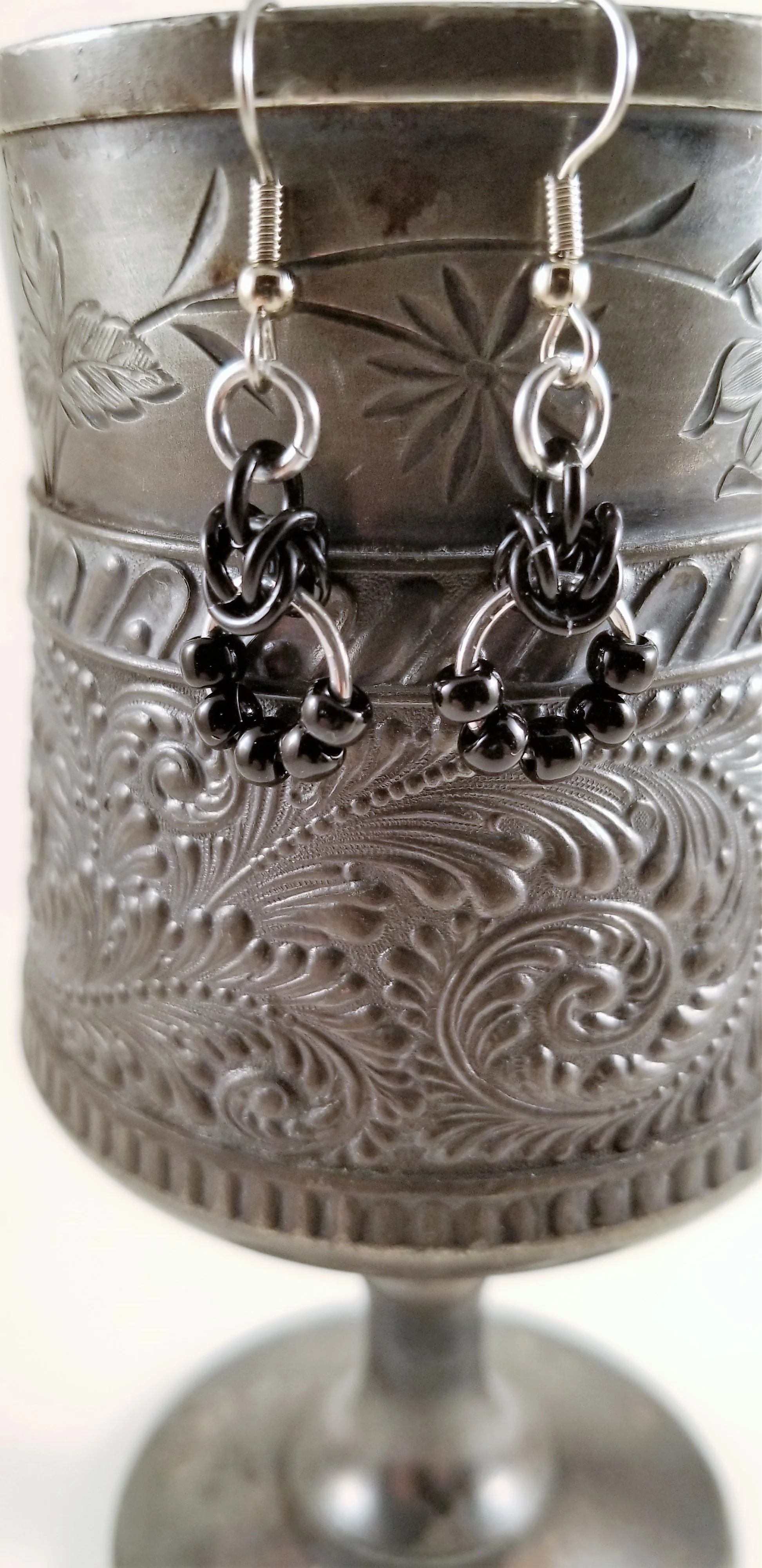 Earrings- Beaded Half Byzantine Silver and Black