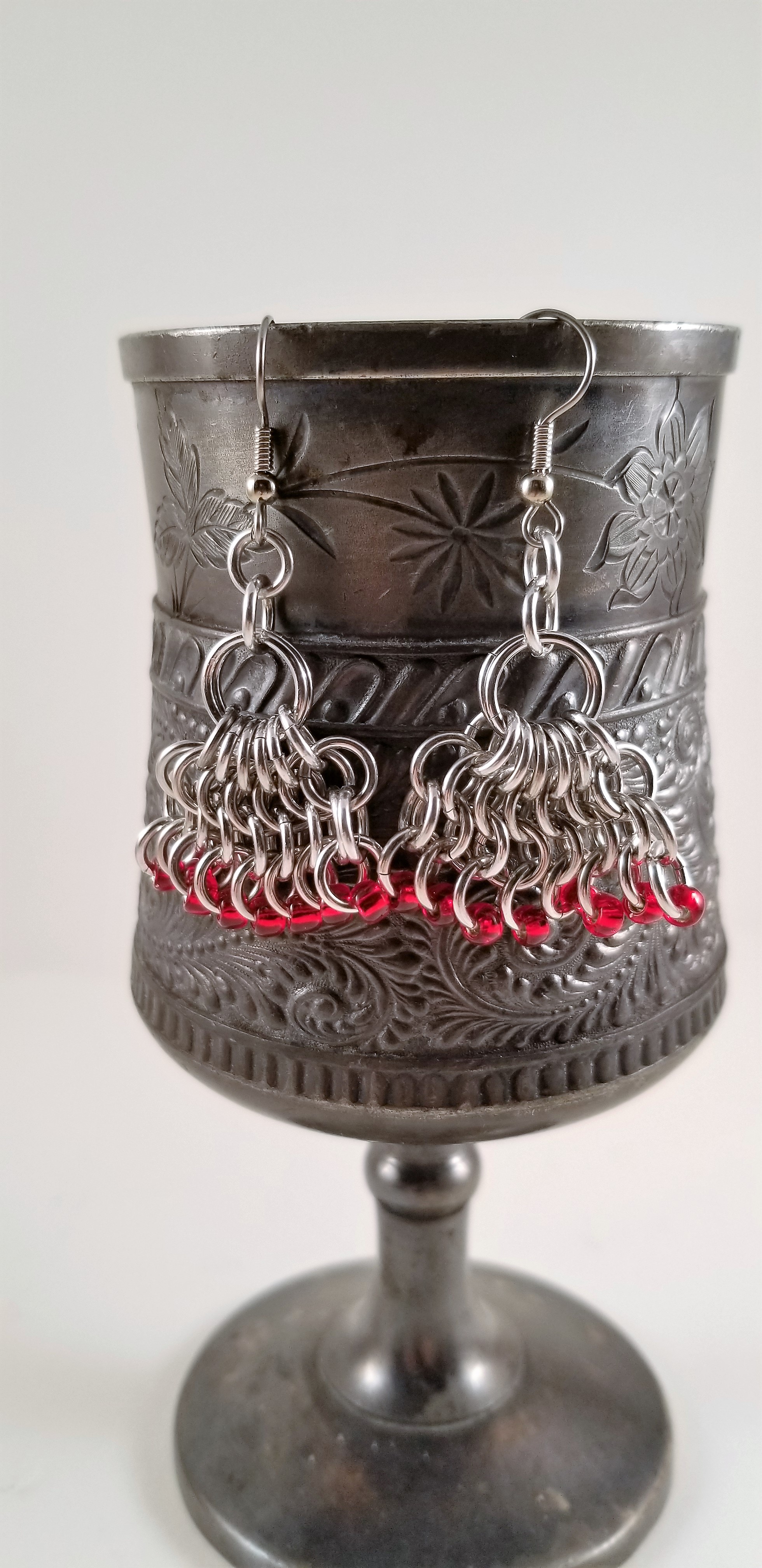 Earrings- Beaded Fan Aluminum and Red