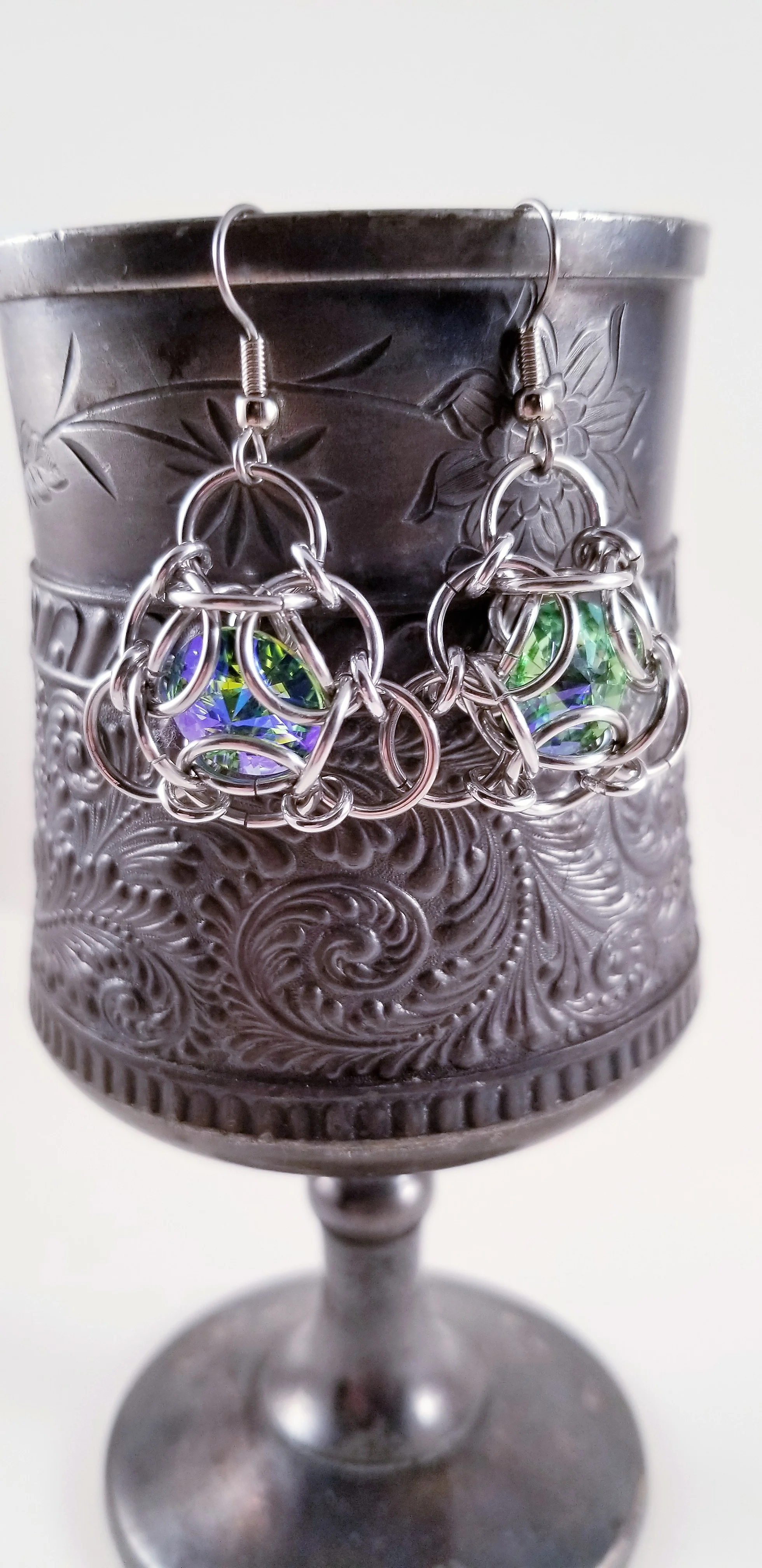 Earrings- Isotope Silver and Swarovski Peridot Glacier Blue