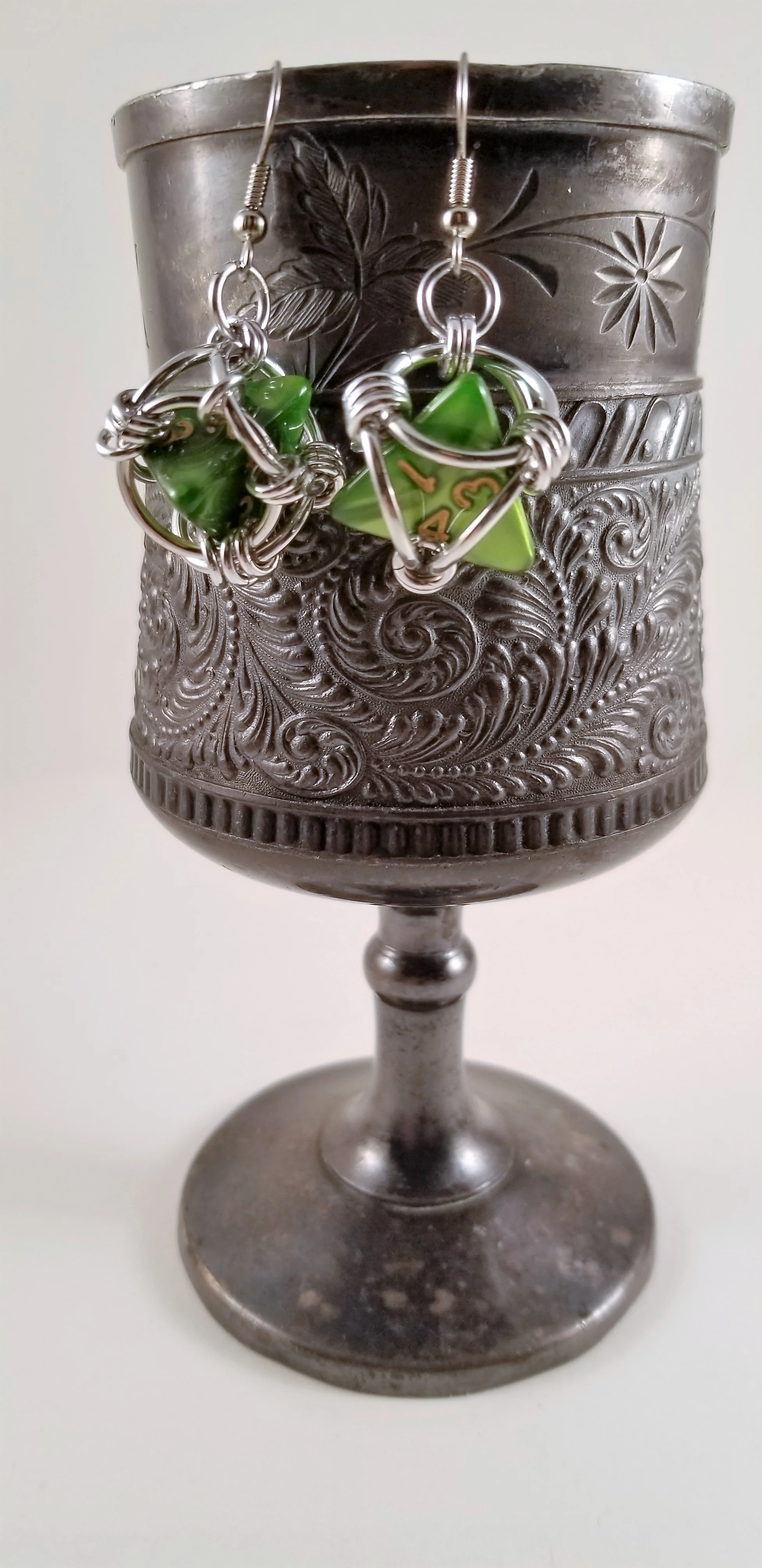 Earrings- Dice d4 Swirled Green