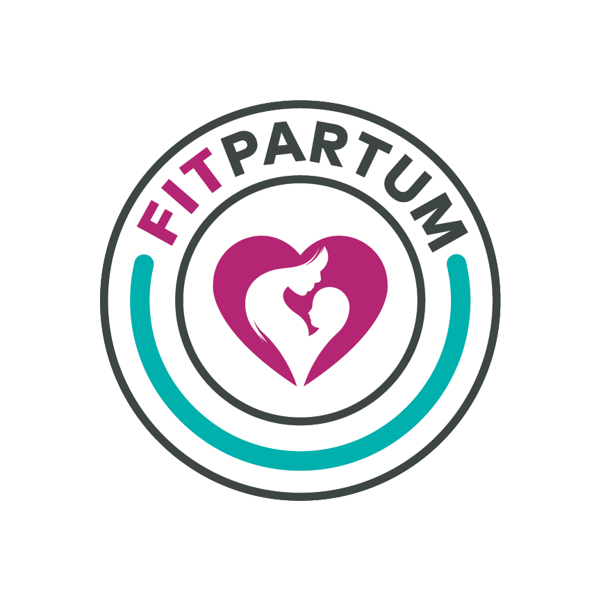 logo of FitPartum in pink and black above a teal horseshoe and abstract image of mom and baby