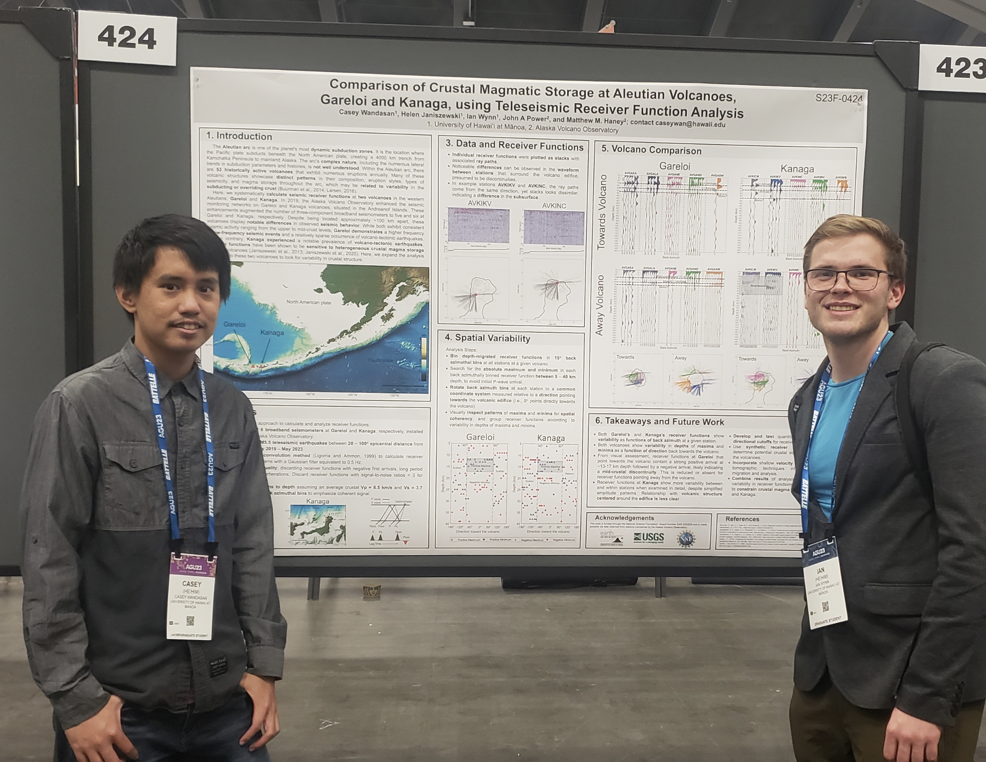  Undergraduate student, Casey Wandasan, and PhD student Ian Wynn in front of Casey’s poster at the AGU Fall Meeting. 