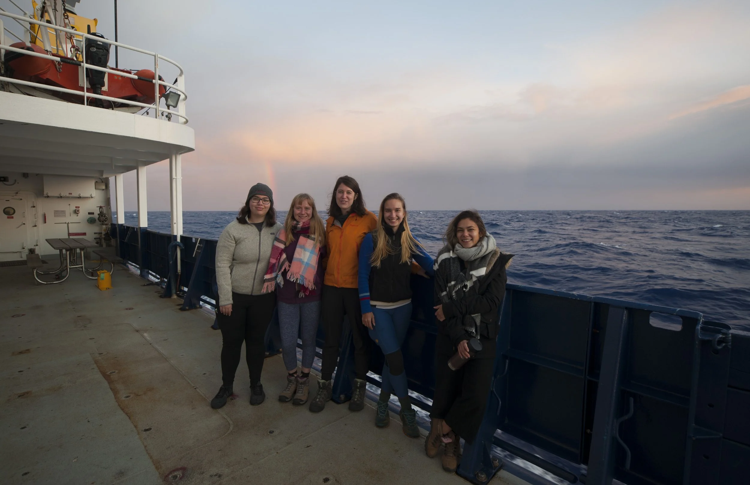  Members of the science party (Dr. Erica Nathan, Dr. Eva Golos, Lindsay Buff, Helen, and Dr. Isabella Gama) aboard the Old ORCA OBS recovery cruise in 2020. 