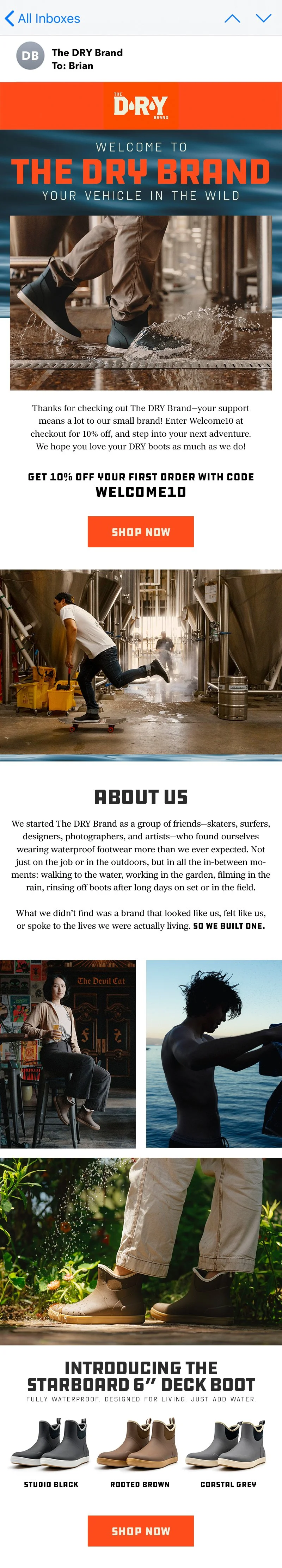 Email newsletter promoting The DRY Brand waterproof boots, featuring images of people in wet and outdoor environments, and showcasing different boot styles and colors.