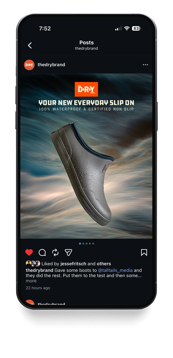 Instagram post showcasing a waterproof slip-on shoe by the Dry Brand, with the tagline 'Your New Everyday Slip On' against a stormy sky background.