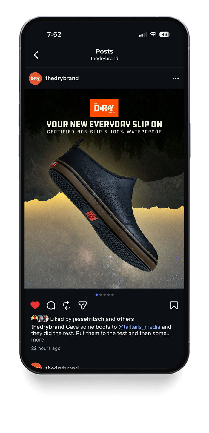 Instagram post from thedrybrand featuring a black outdoor shoe with a brown sole, water droplets on the surface, and a background resembling the night sky and landscape, promoting the waterproof and non-slip features of the shoe.