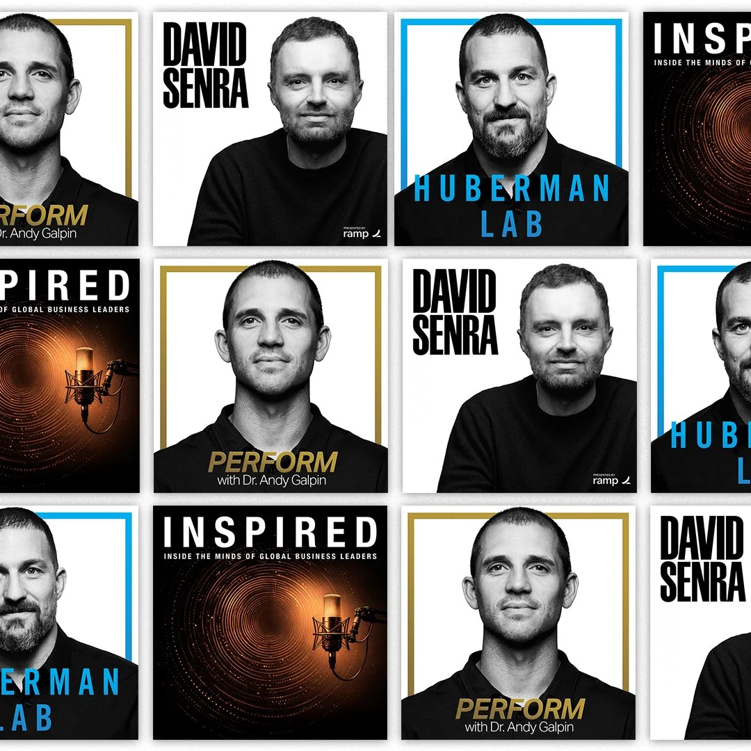 Collage of podcast cover images featuring Dr. Andy Galpin, David Senra, and episode titles 'PERFORM' and 'INSPIRED.'