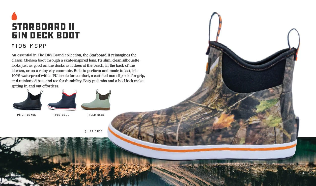 A camouflage Chelsea-style waterproof boot with pull tabs, featuring camouflage pattern and orange stripe along the white sole, displayed on a background of a lake or river at sunset with trees in silhouette.