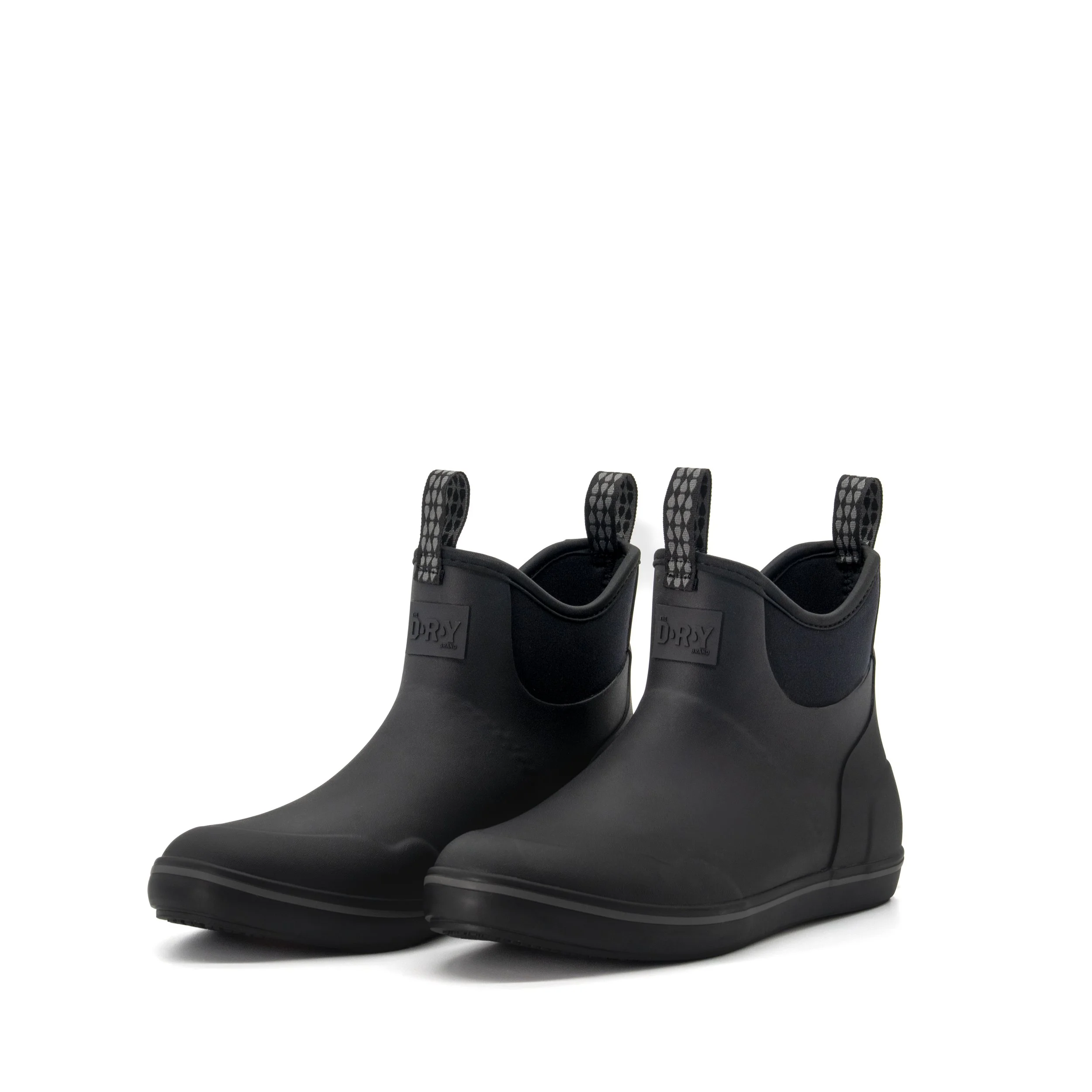 Pair of black waterproof rain boots with pull tabs and textured soles.