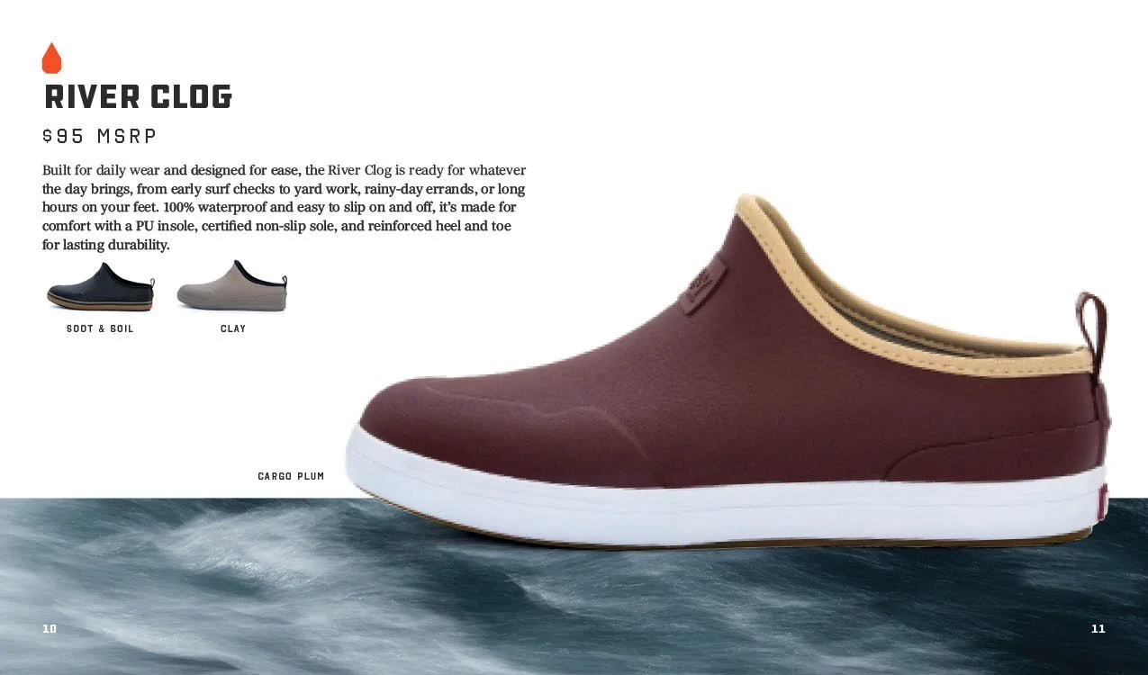Image of a brown Water Clog shoe with a white sole, positioned above water, with smaller images of other shoe colors and descriptions on the left.