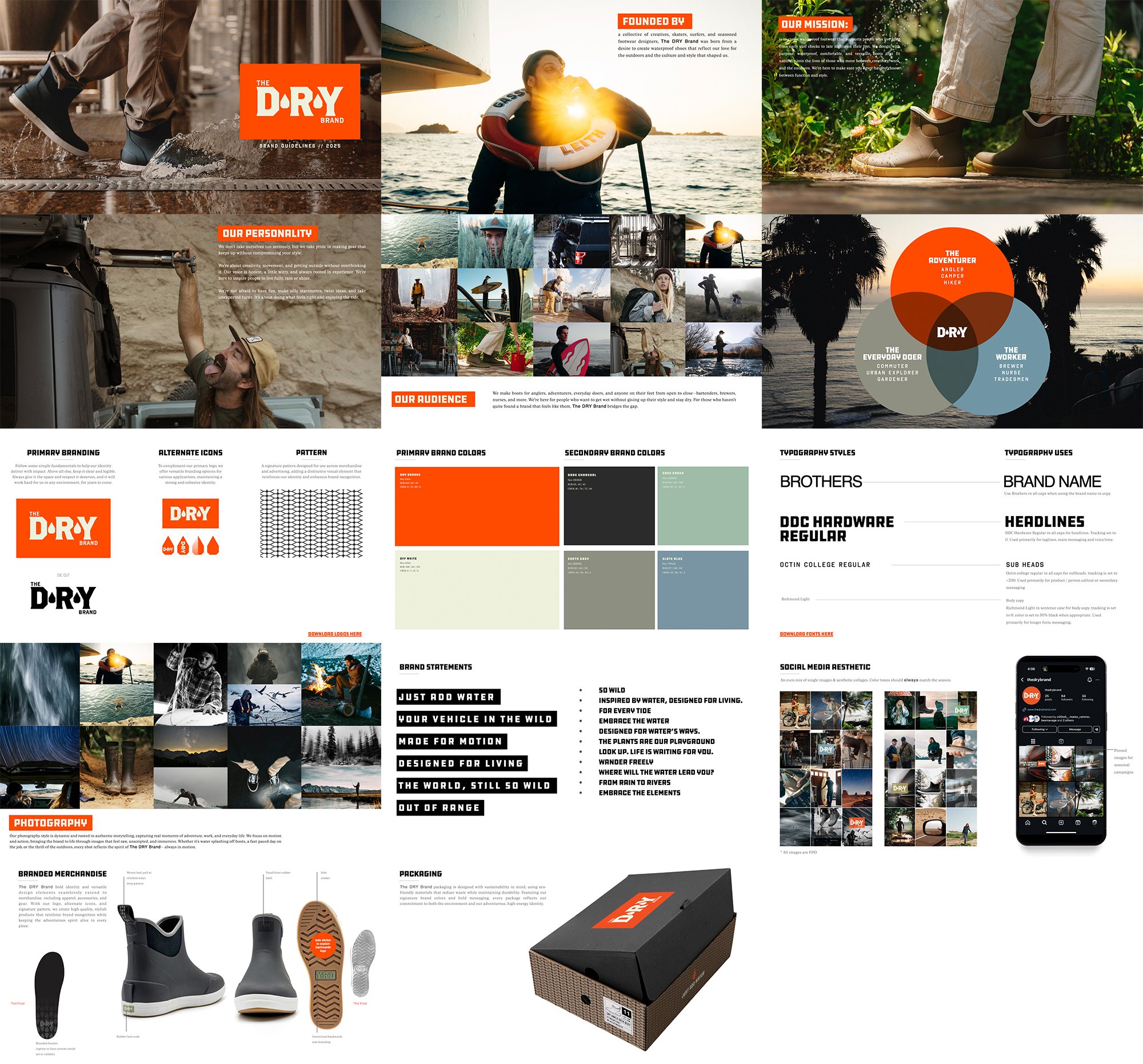 A branding and marketing presentation board for the D-RY outdoor brand, featuring photos of people in outdoor activities, brand colors, logo variations, icons, patterns, merchandise, and packaging, with text describing brand attributes, audience, and visual style.