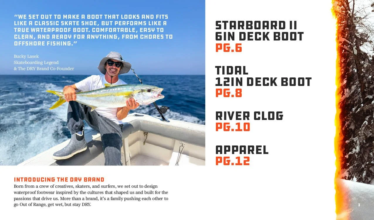A man on a boat holding a large fish with the ocean in the background, wearing sunglasses and a wide-brimmed hat. The image is part of a catalog or magazine page about waterproof boots, with text about different styles and a quote from Buckly Lasek, 