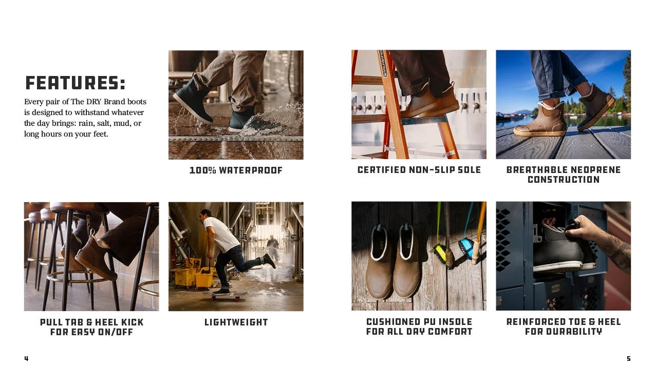 Features of The DRY Brand waterproof boots, including waterproof material, non-slip sole, breathable neoprene construction, pull tab and heel kick, lightweight design, cushioned insole, and reinforced toe and heel.