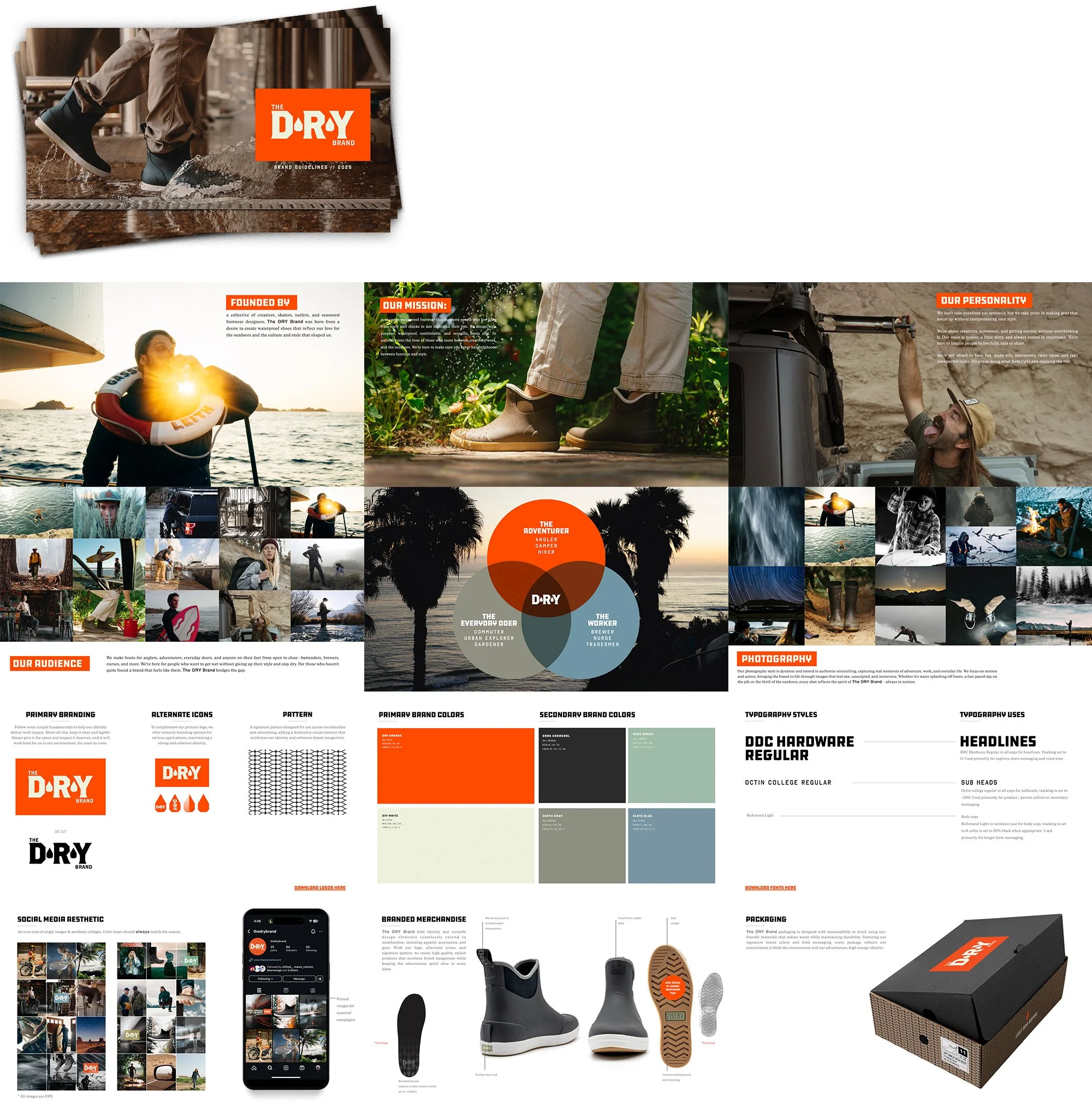 A branding presentation for The DRY Brand, featuring images of outdoor adventures like hiking and kayaking, brand color swatches, logo variations, merchandise, and packaging.
