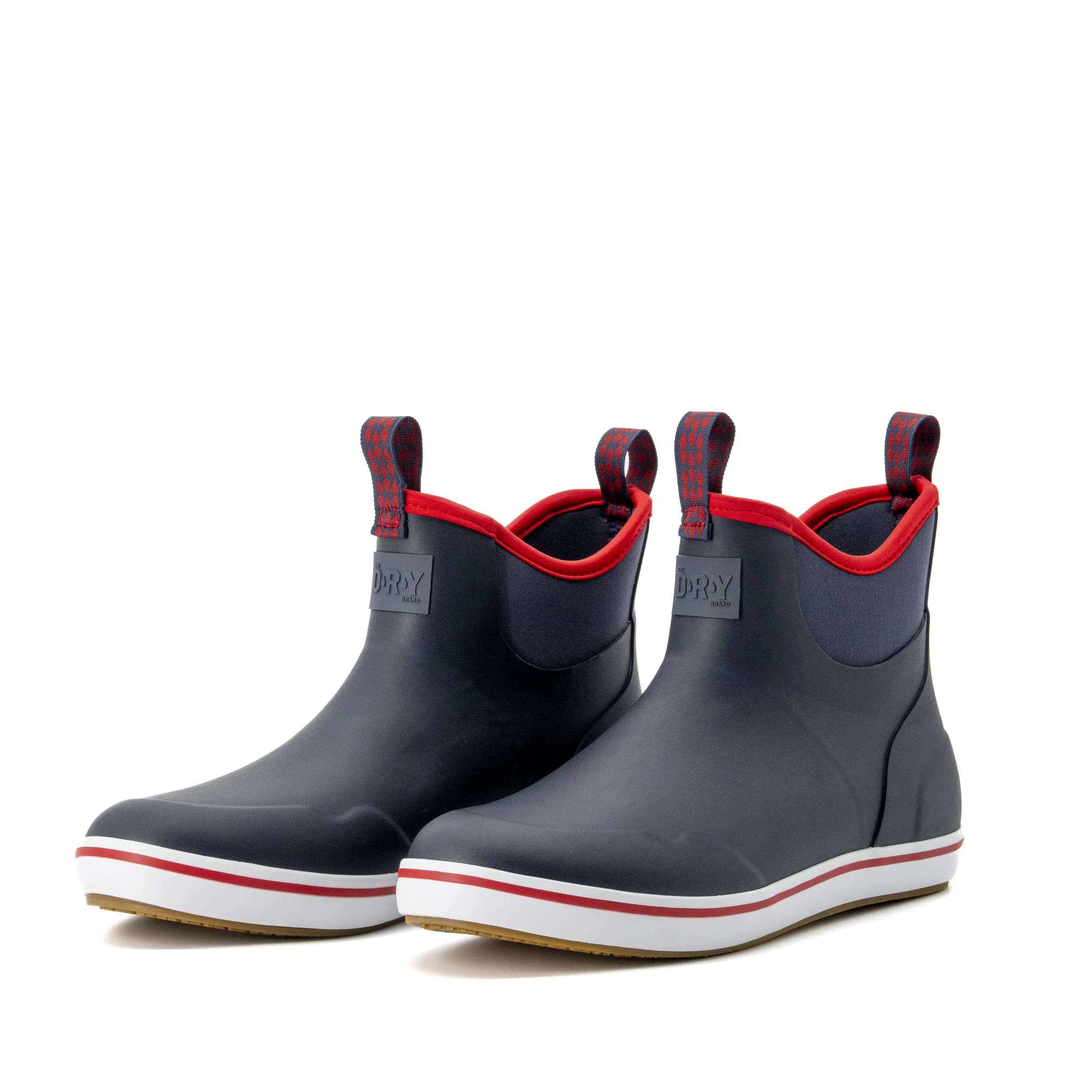 Pair of black and red ankle rain boots with white soles and red accents.