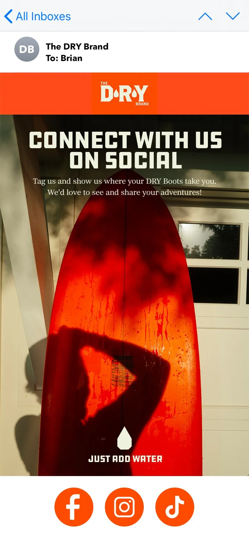 Image of a red surfboard with a shadow of a woman taking a selfie in front of a window. A message encourages social media sharing and connecting on social platforms.