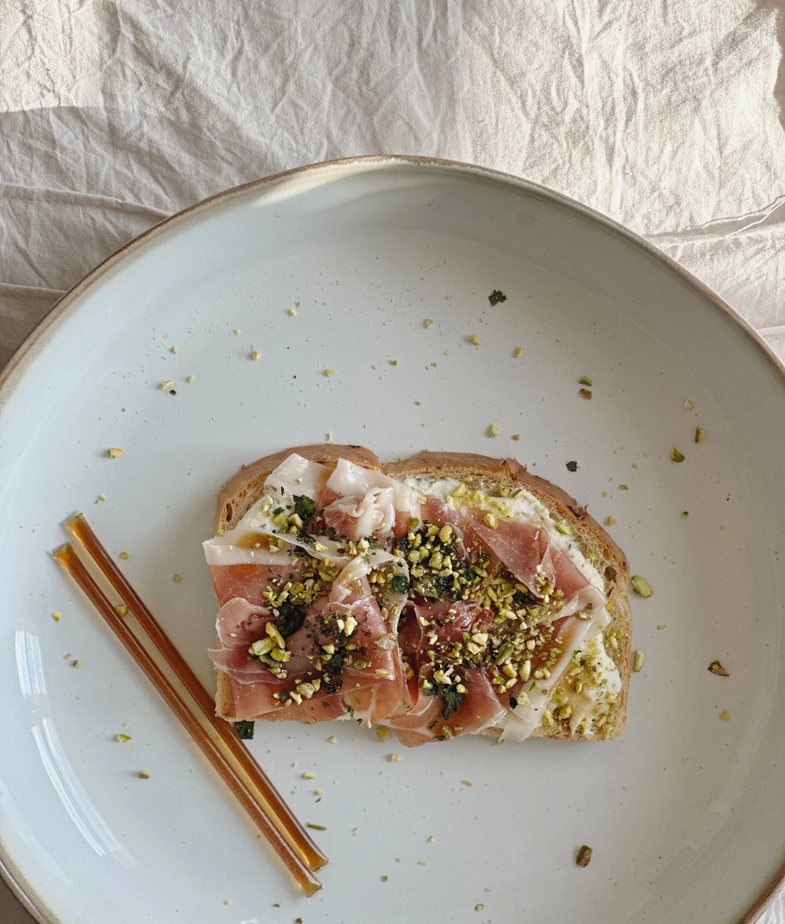 A Summer Weekend Treat: Whipped Ricotta with Prosciutto, Pistachios, and Honey