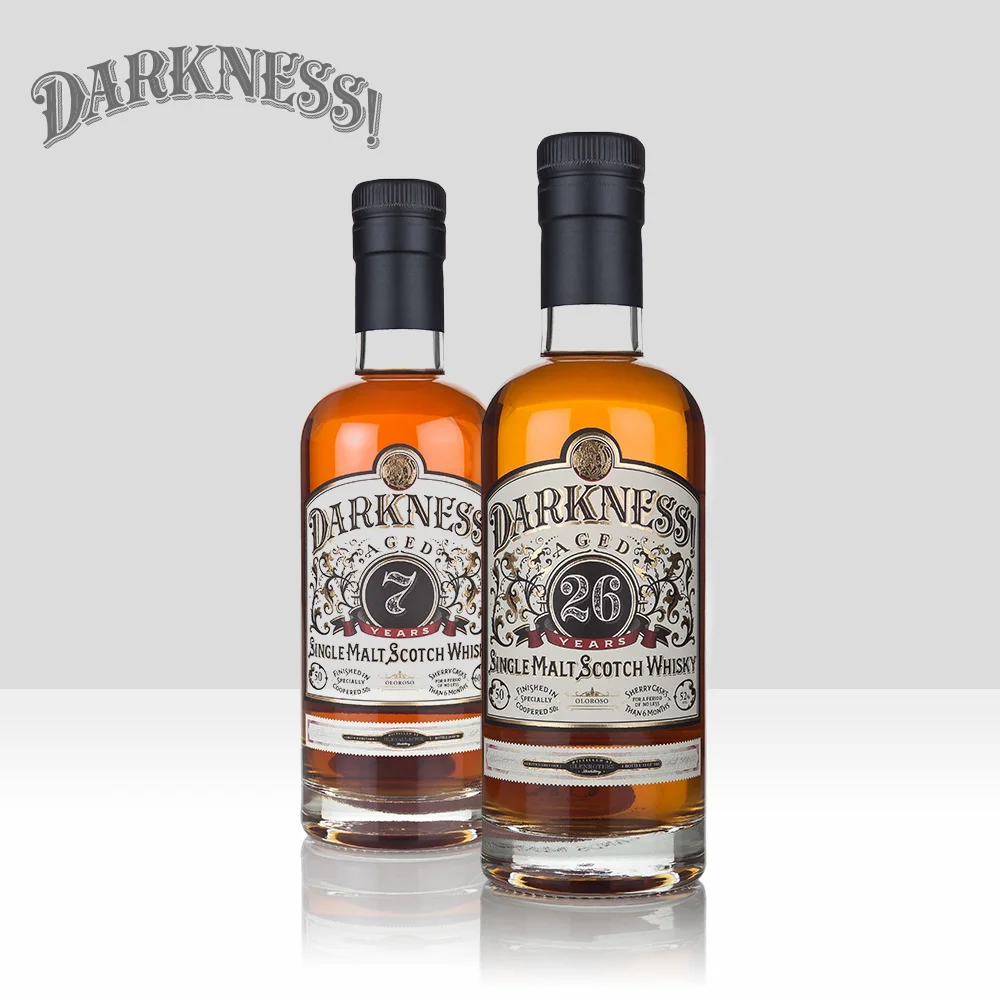 Darkness! Launched in 2014, Darkness! is the beloved creator of MASSIVELY sherried whiskies finished for several months in specially-coopered 50 litre sherry casks. Unique, highly sought-after limited releases distributed around the world under heavy allocation.