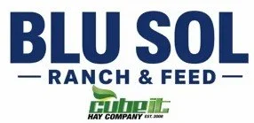 Blue Sol Ranch & Feed logo with green Cubic Hay Company logo below it.