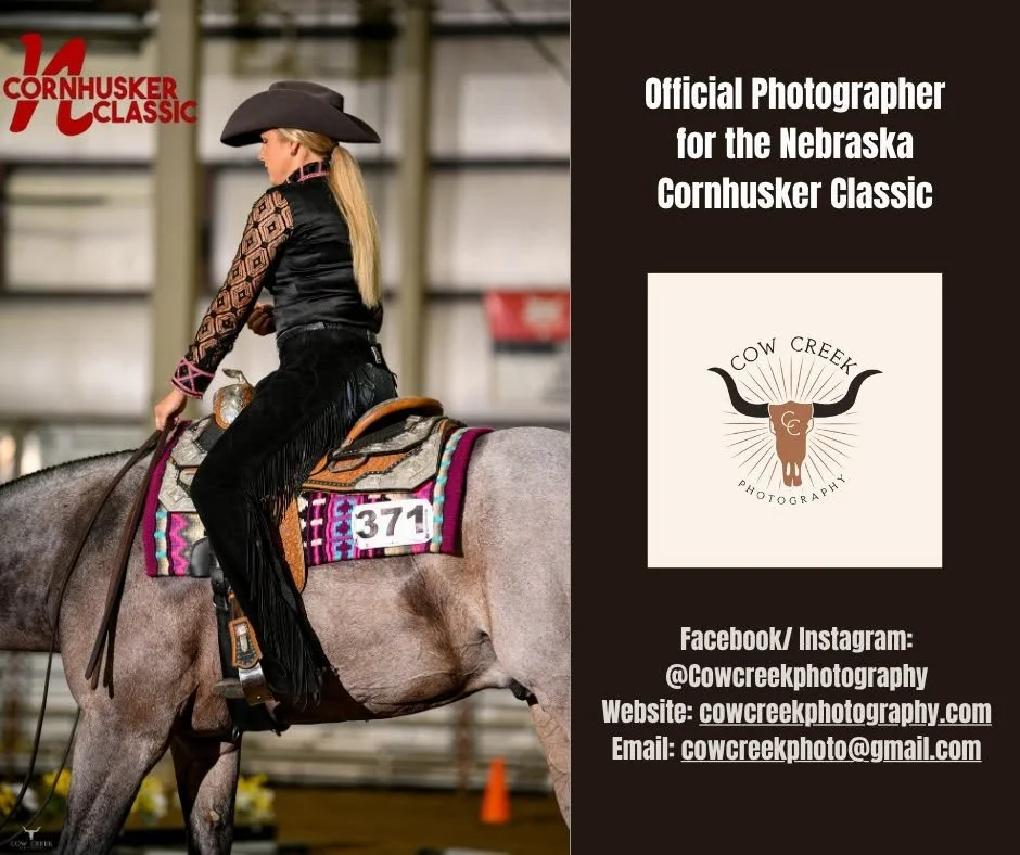 A young girl in western attire riding a horse at a ranch or indoor arena during a competition or event, with a black background and logo of Cow Creek Photography, and text indicating their role as official photographer for the Nebraska Cornhusker Classic.