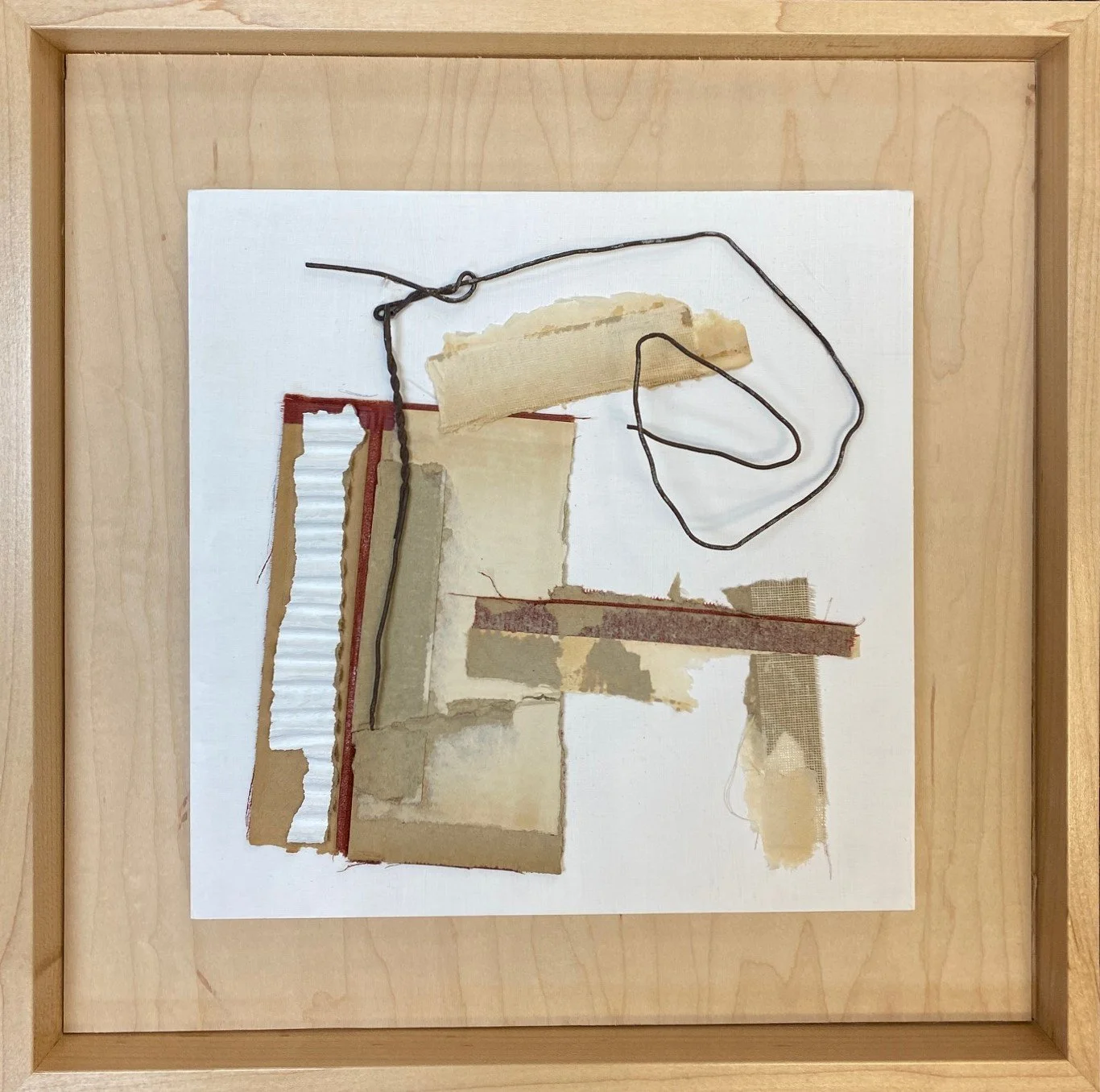 Fragments #7 - cardboard, old book cover and spine, paper and rusty wire on birch 15 x 15 x 1.5